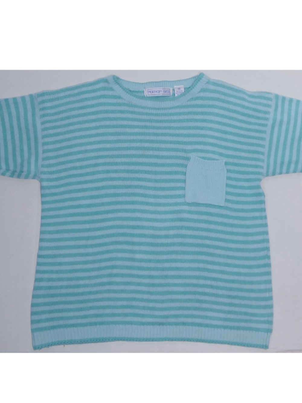 Vintage Women Short Sleeve Sweater Stripe Blue/Aqua Northern Isles 100% Cotton M